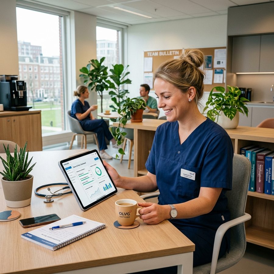 Zorgprofessional werkt met een tablet aan haar eigen ontwikkeling