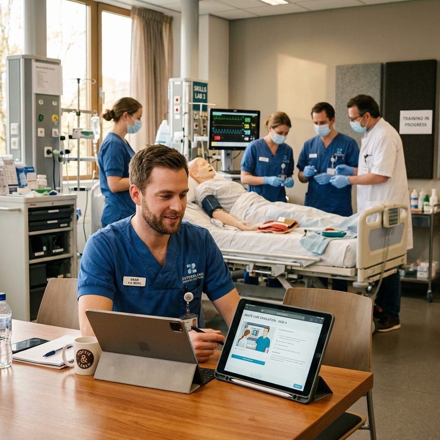 Verpleegkundige volgt een e-learning op een tablet