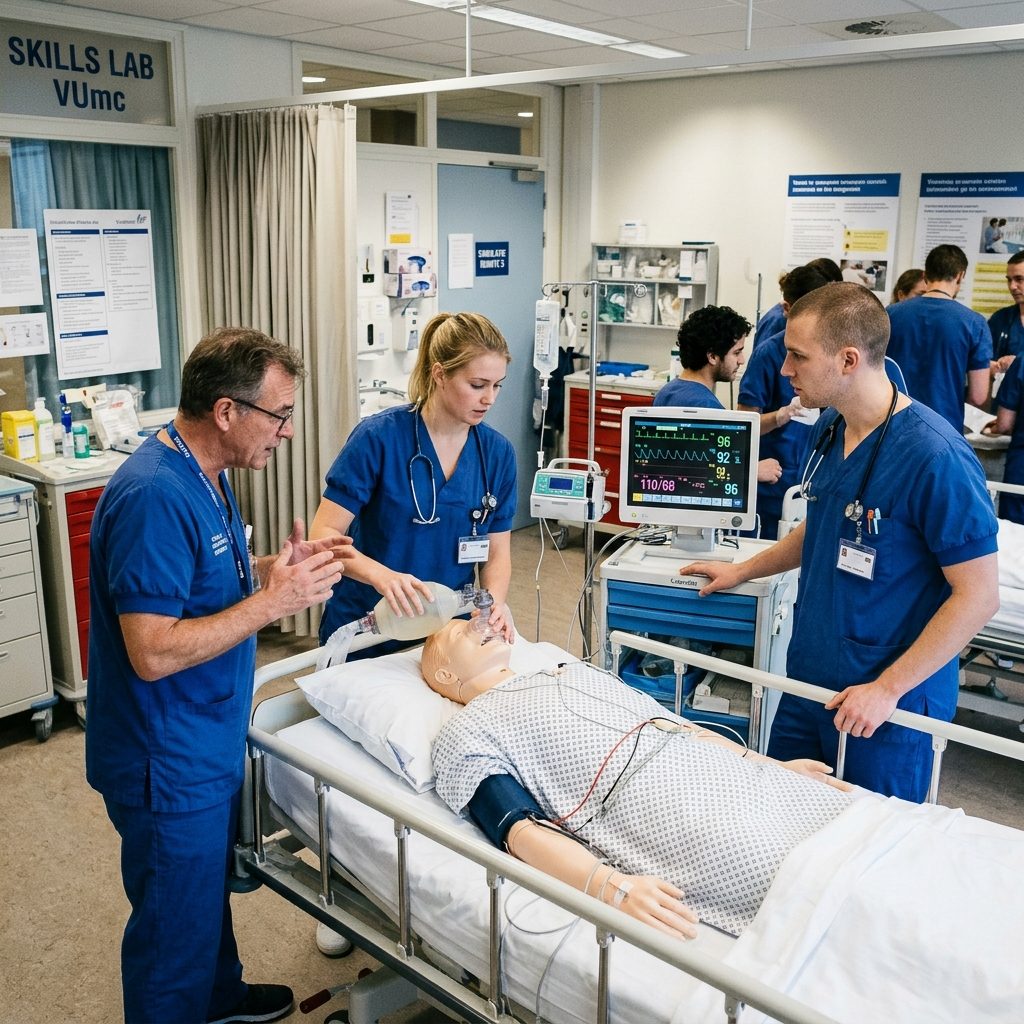 Zorgprofessionals oefenen een scenario met een patiëntsimulator in het skills lab