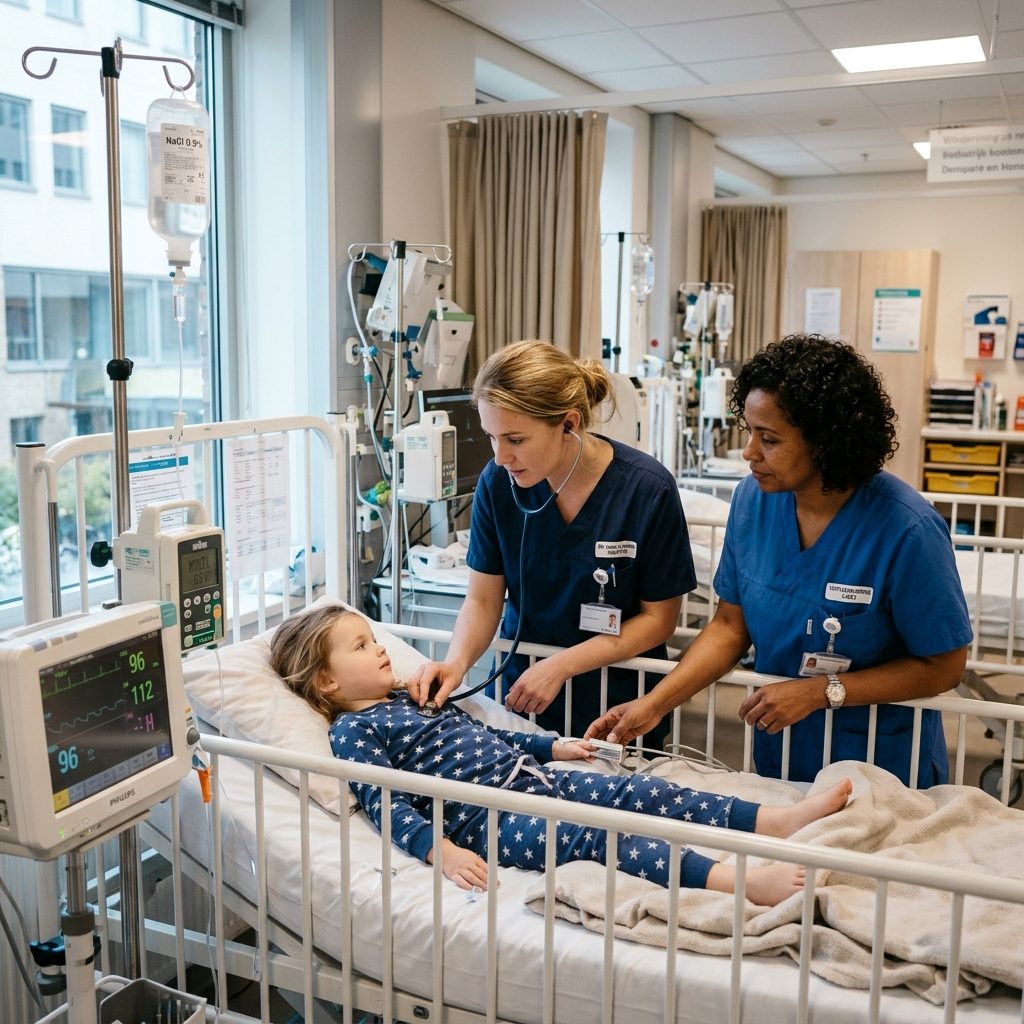 Twee verpleegkundigen bij een kind in een ziekenhuisbed